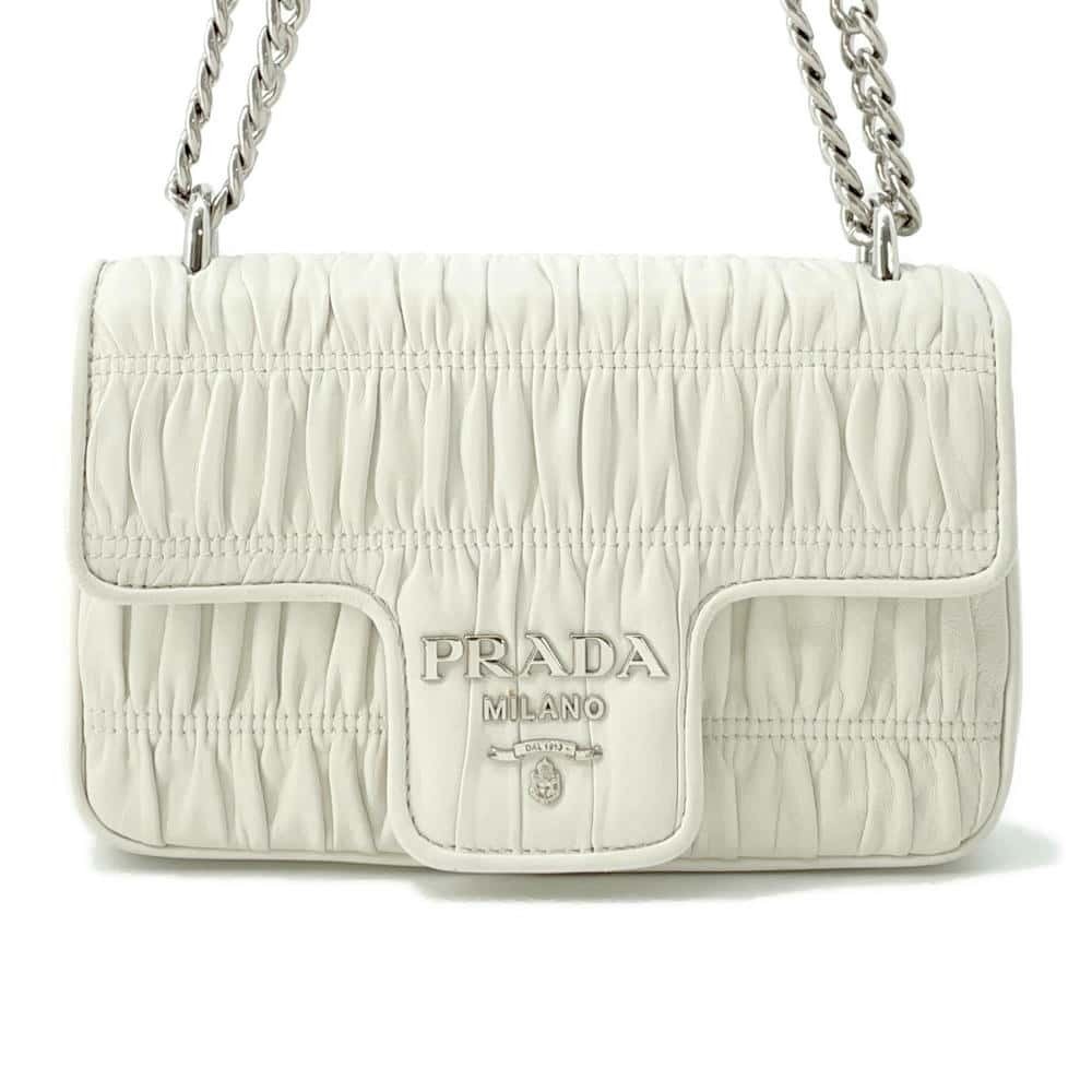 Prada Chain Shoulder Bag Gathered Leather White